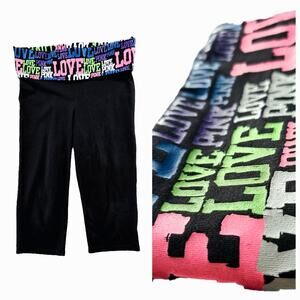 Vtg PINK VS Foldover Spellout Neon Cropped Capri Yoga Pants Athleisure EUC L